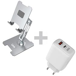 Soporte de Celular y Tablet Quanta QTSMA20 - Plata + Cargador Tomada QTCCR45